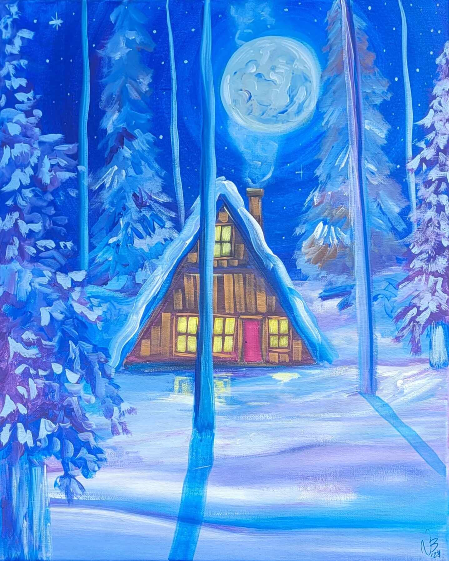 Acrylic Winter Scene Log Cabin