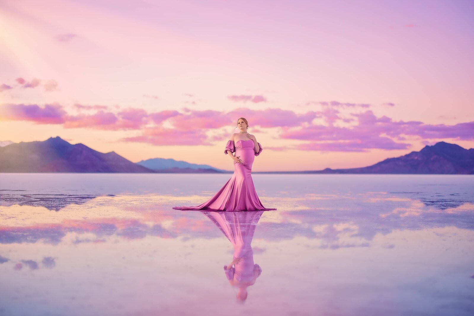 Salt Flats maternity photos at sunset