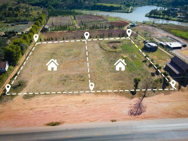 Lote de terreno para construção de casa vista aérea campo de terreno com alfinetes localização para subdivisão de habitação desenvolvimento residencial propriedade venda aluguel comprar ou investimento casa ou casa expandir o subú