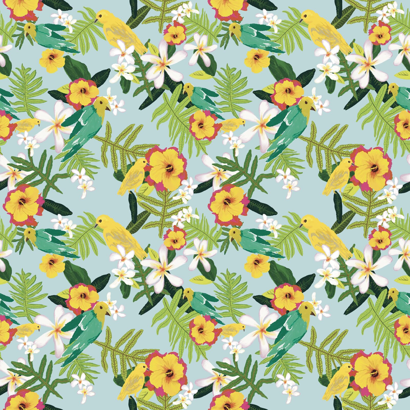 surface pattern seamless repeat by Buffalo aritist, Ellen Morse. Image of tropical birds, flowers and plants on turquoise background. Bright yellow hibisus flowers with white plumeria and yellow birds fill out Ellen Morse's  pattern design