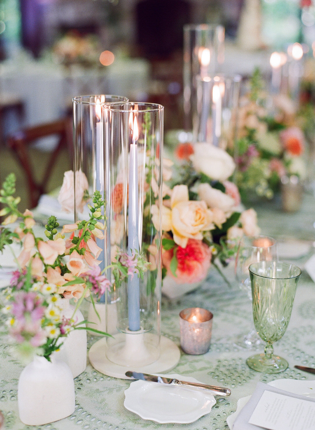 Wedding Reception table with candles and flowers at Old Edwards