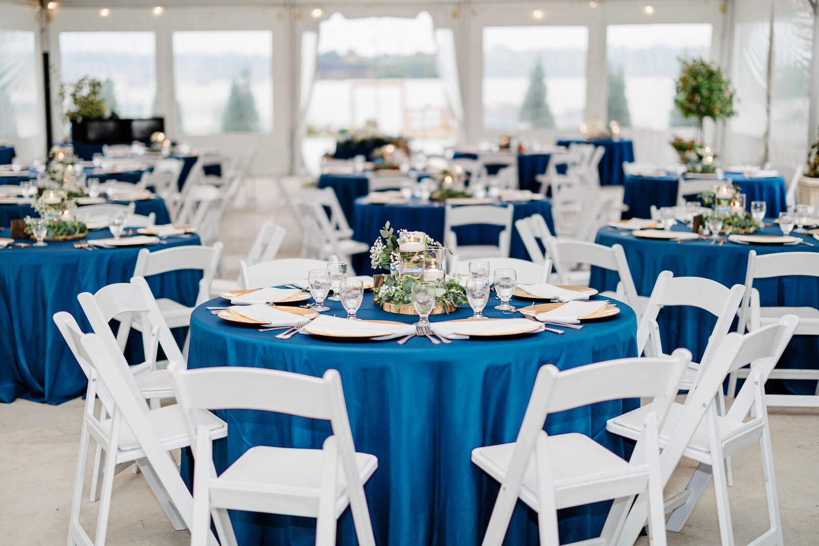 wedding reception details  blue and white  table chairs plates