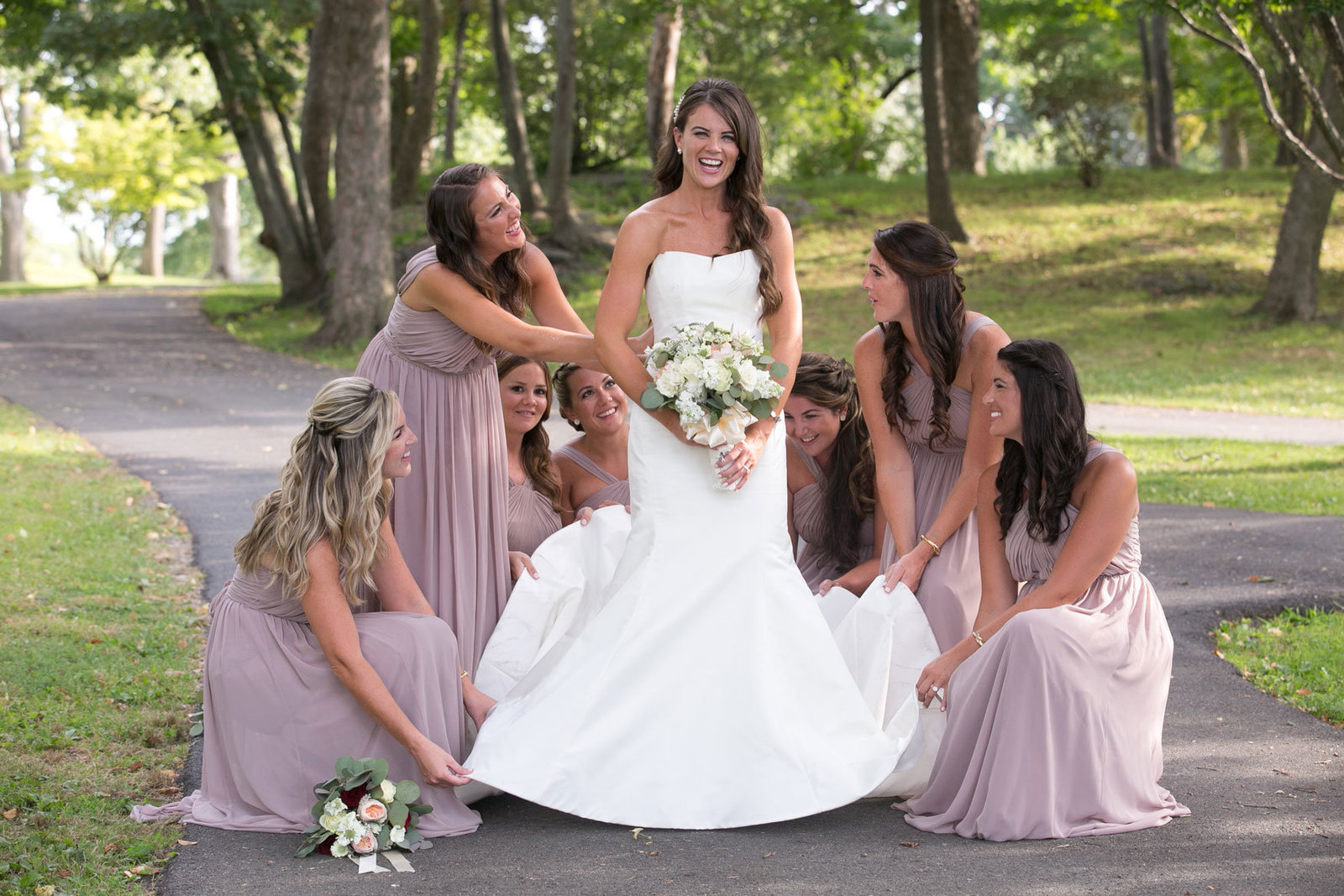 bride and her bridesmaids outside Glen Island Harbor Club