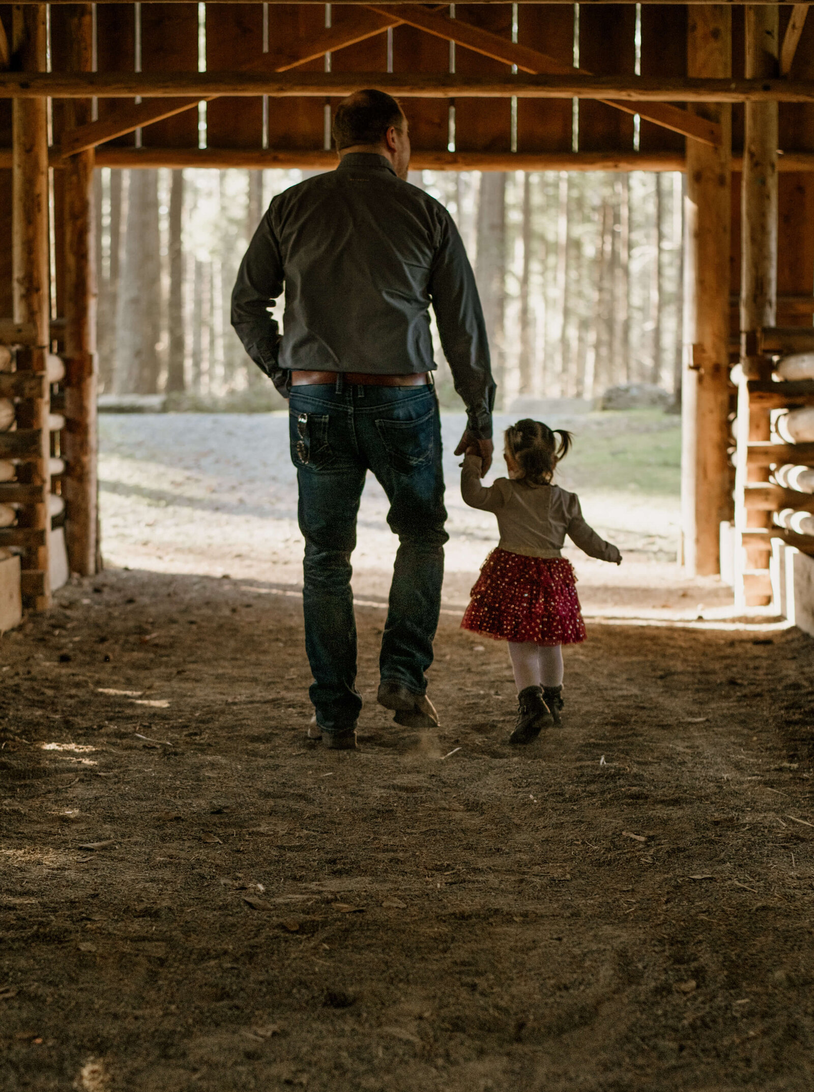 Grandpa and little girl walking through a barn.