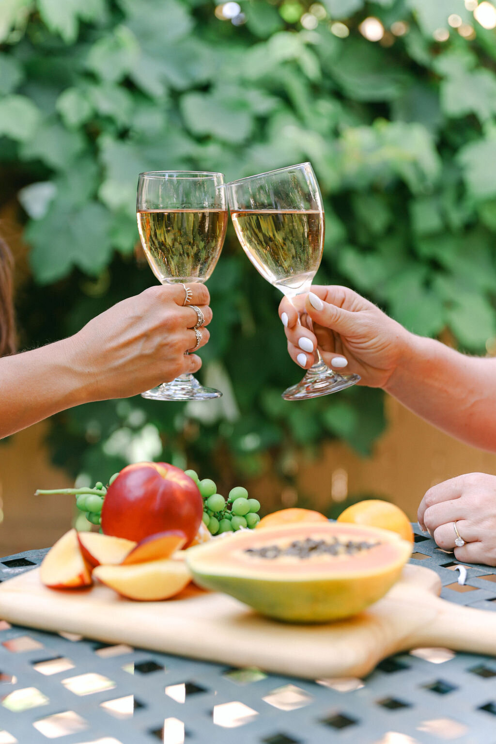 Girls cheerings with wine in front of fruit cheese charcuterie board and vineyard