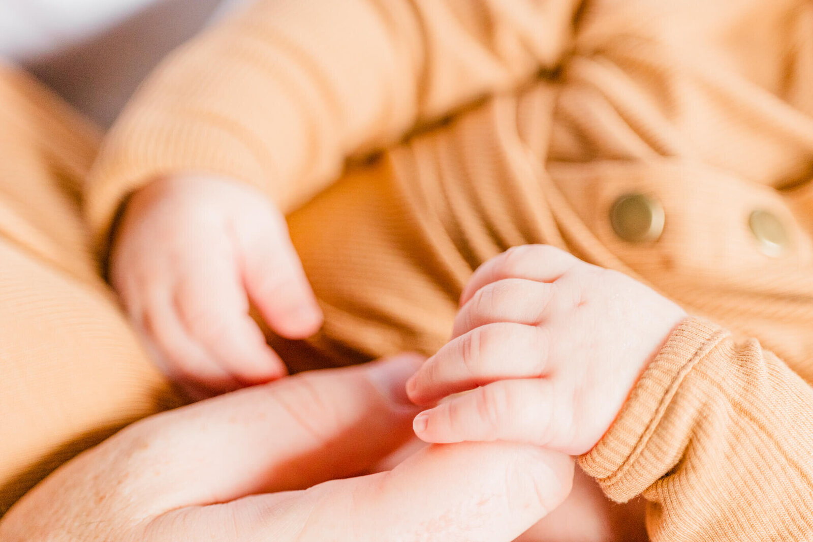 Closeup detail of a newborn grasping his dad's finger