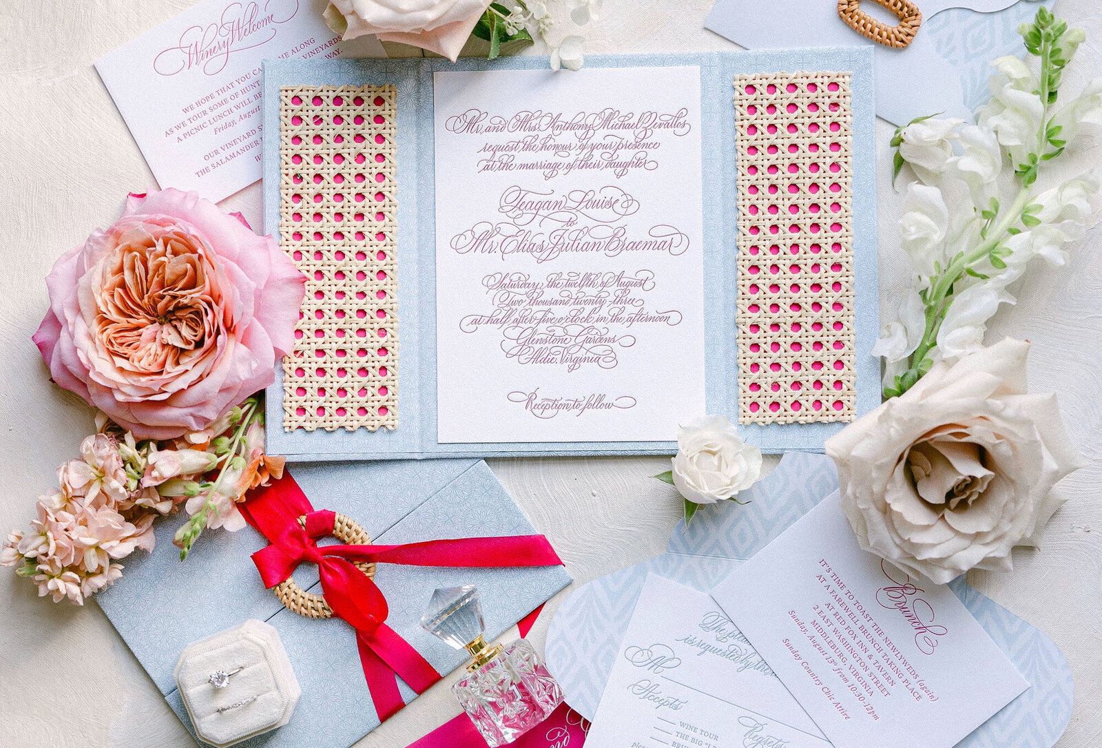 Luxurious wedding invitation photo with wedding details surrounding it