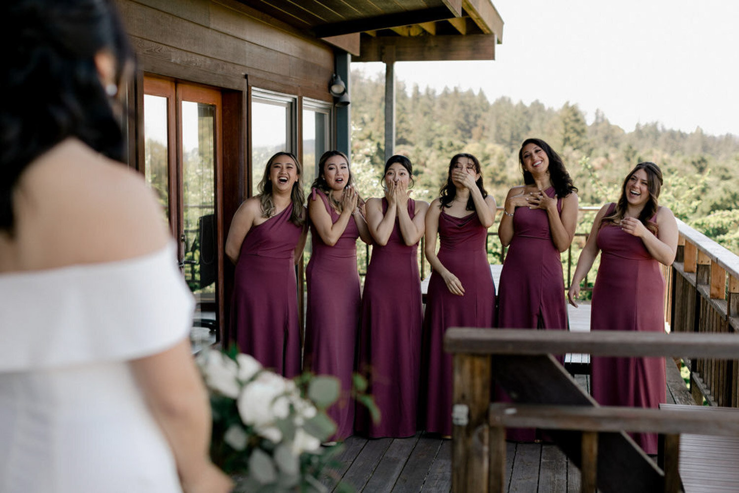 Bridesmaids happy emotion for seeing the bride for the first time