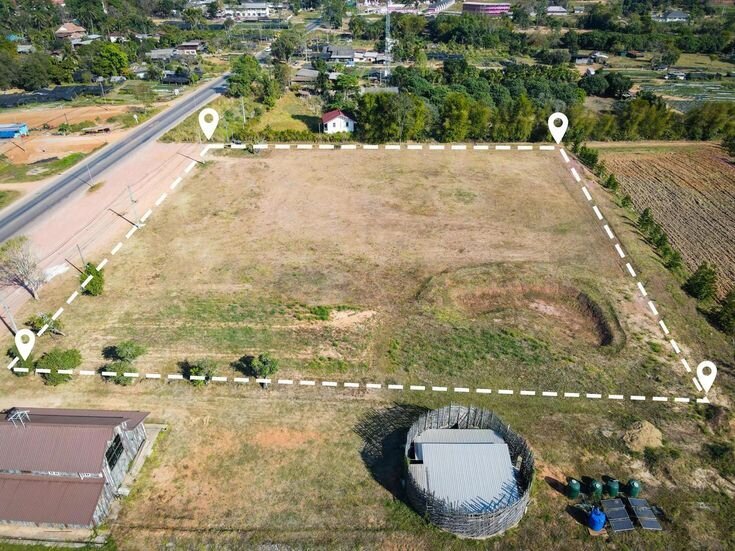Baixar lote de terreno para construção de vista aérea de casa, campo de terreno com alfinetes, localização de alfinetes para subdivisão de habitação desenvolvimento residencial propriedade venda aluguel comprar ou investimento casa