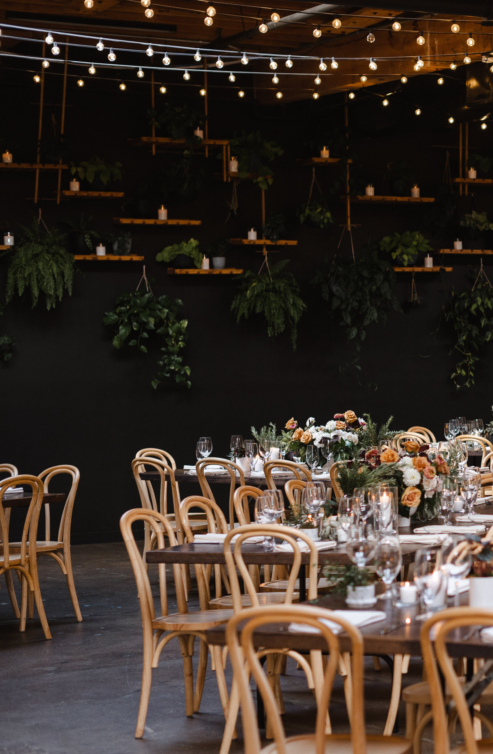 Dinner Set Up with Plant Wall at The Arbory