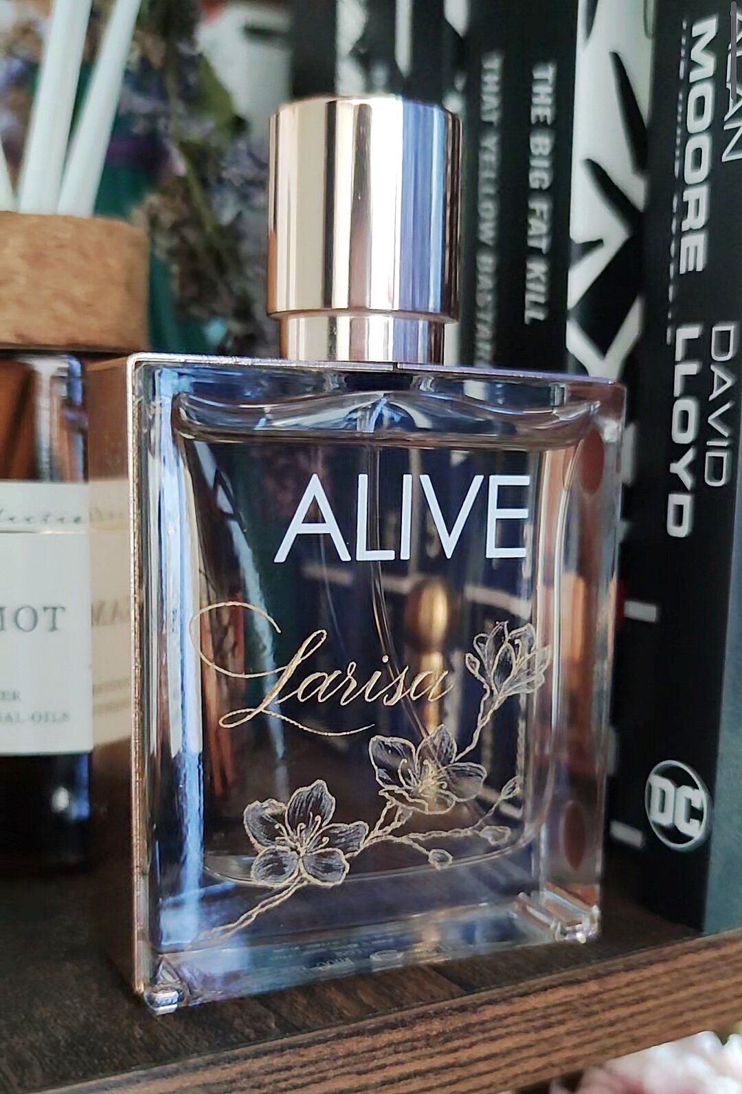 Engraved name and flowers