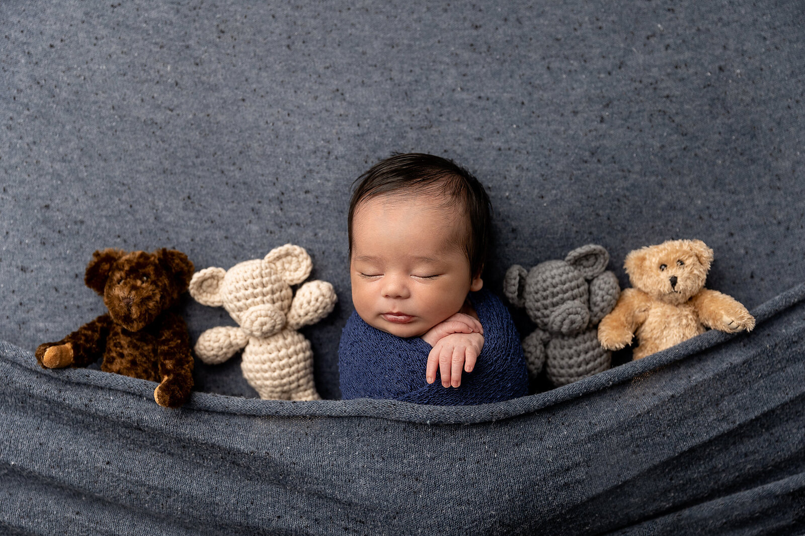baby sleeping with stuffed animals by Newborn Photography Bucks County PA