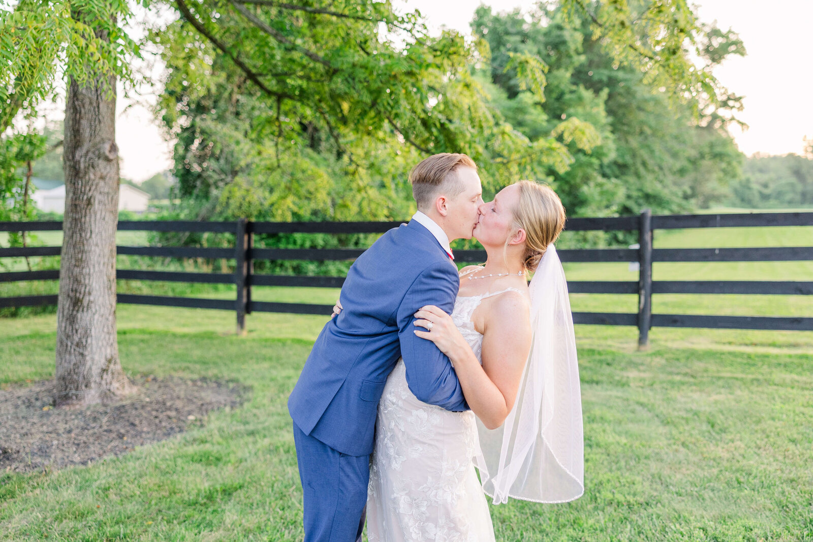 A groom in a blue suit kisses his bride and dips her back. They are standing under a tree in the summertime.