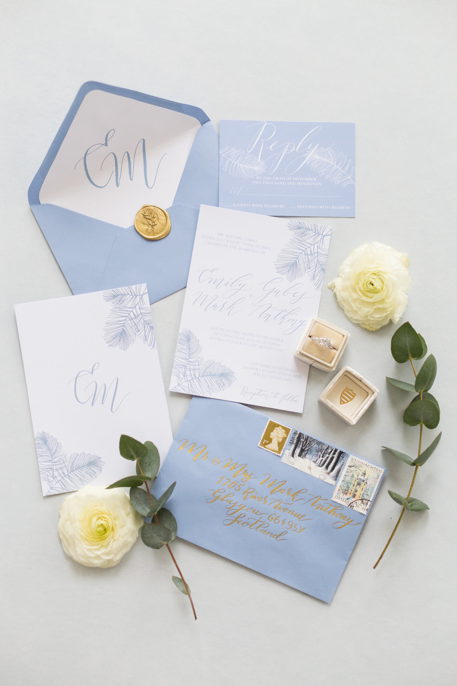 Fern Scottish Wedding Invitations in blue white and gold