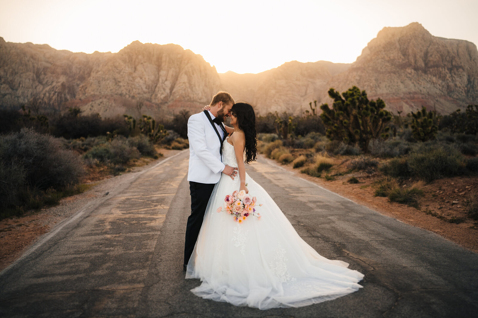 Newlywed couple sharing an intimate moment facing each other at Red Rock Canyon in Las Vegas.