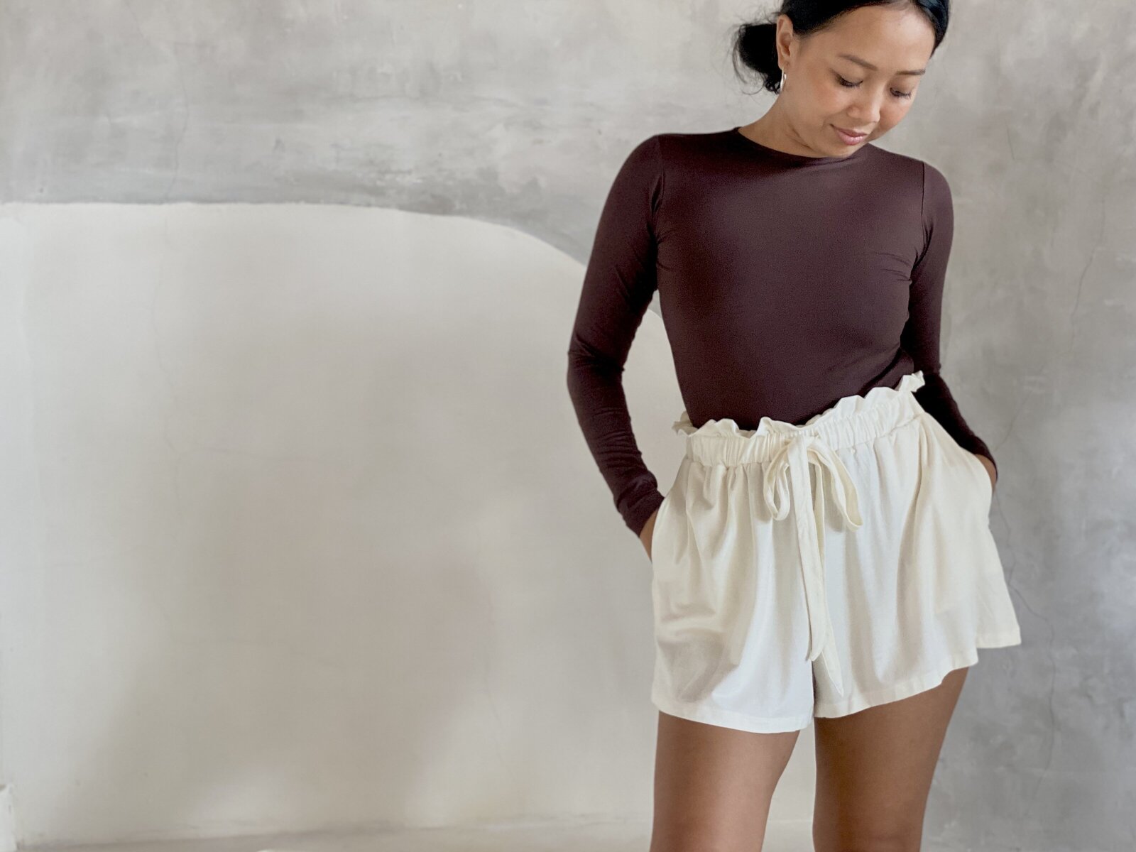 Bali Retreat Collection - the essential tie waist supersoft shorts, YinSide Yoga Bali - Island White _ Earth Brown Bodysuit