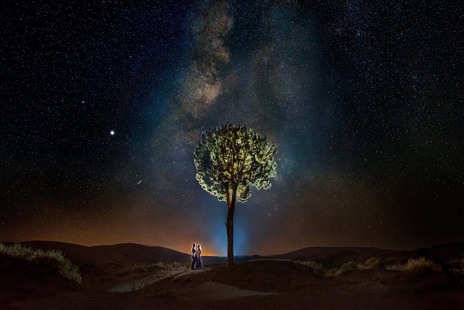 A couple standing underneath a tree at the sand dunes while surrounded by the Milky Way during their engagement session.