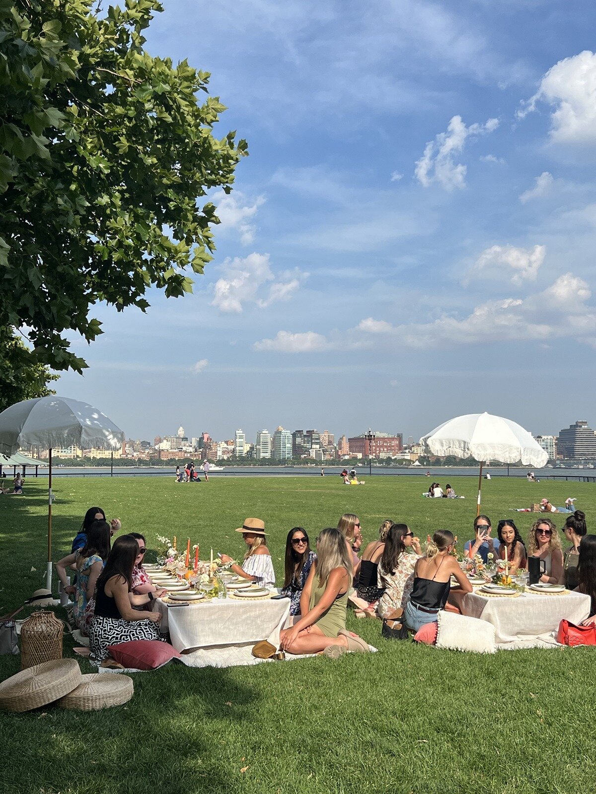 Group picnic celebration with styled low tables, umbrellas, and city skyline views, designed by Yours Truly, a wedding planner and designer in New Jersey.