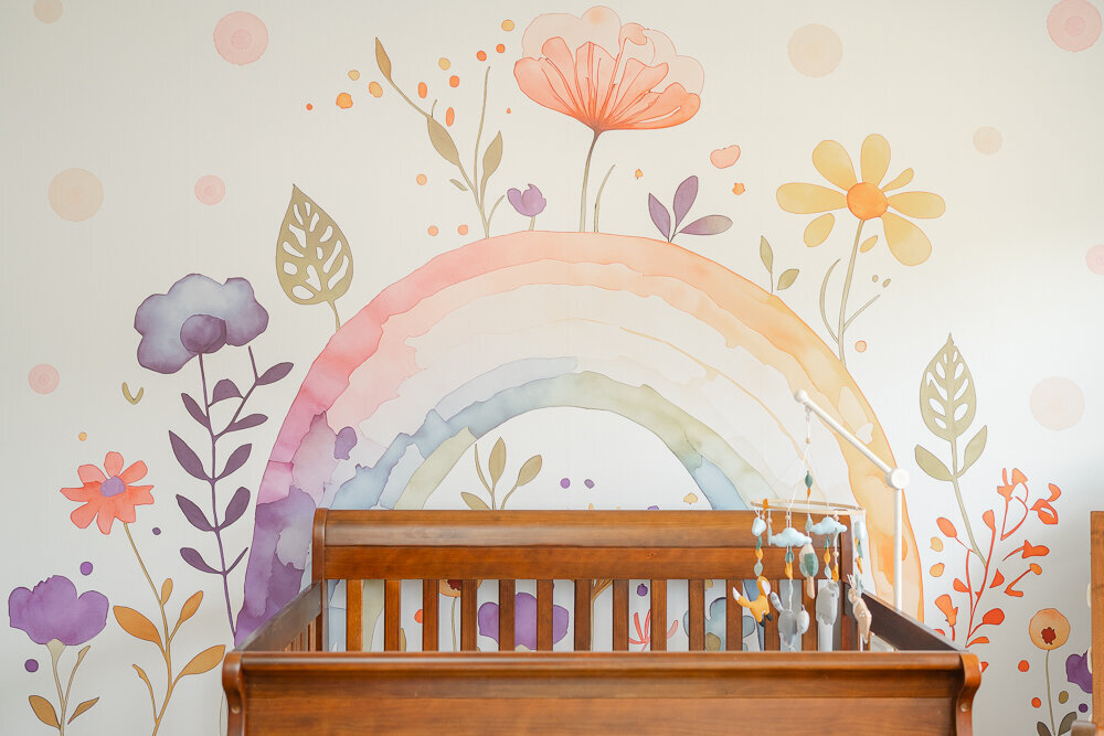 floral wallpaper in the nursery during McLean, Virginia newborn photography