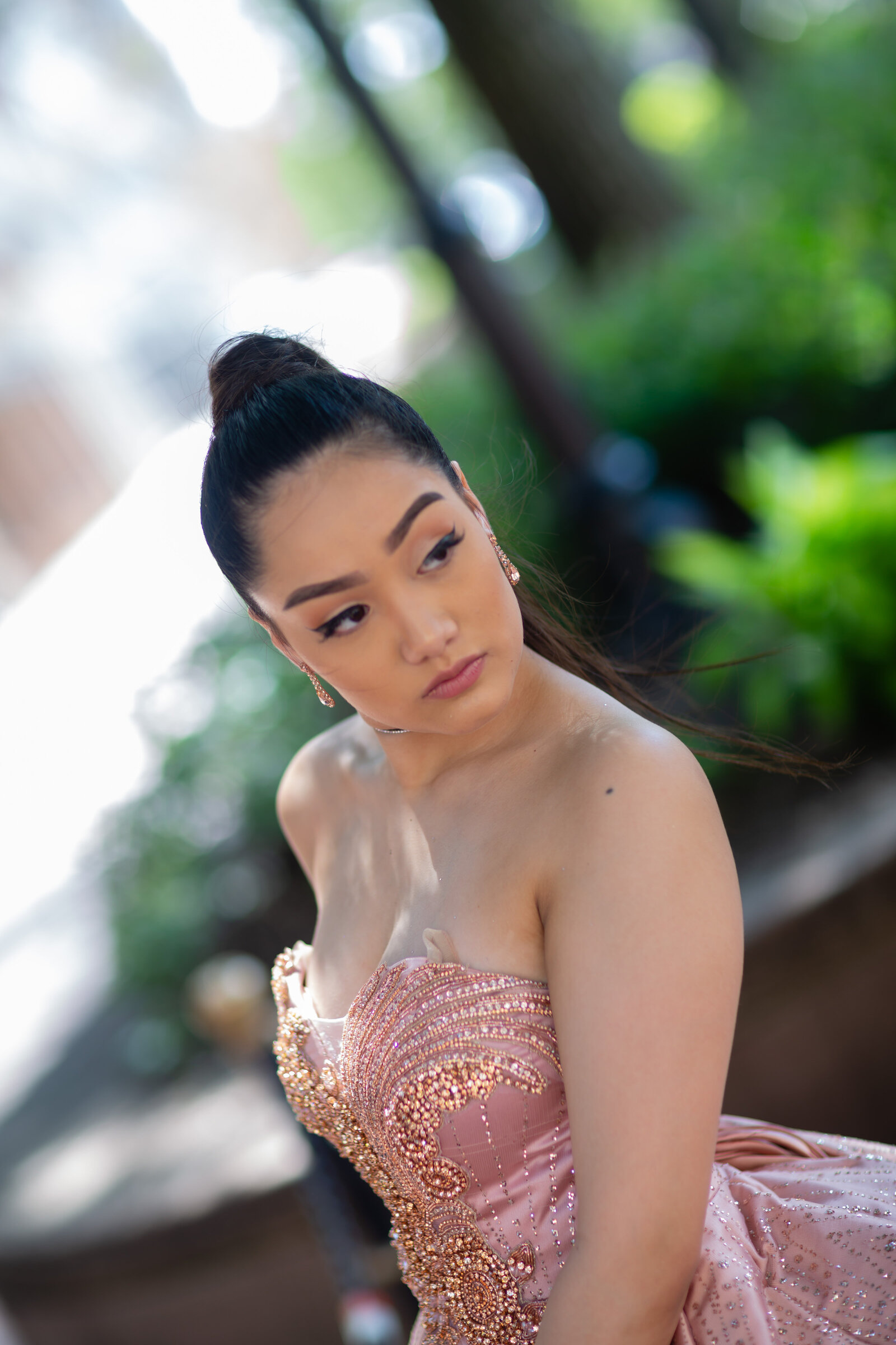 A close-up of Rosalyn Kinsey’s sparkling quinceañera gown, beautifully highlighted during her photoshoot at Playhouse Square in Cleveland, Ohio.