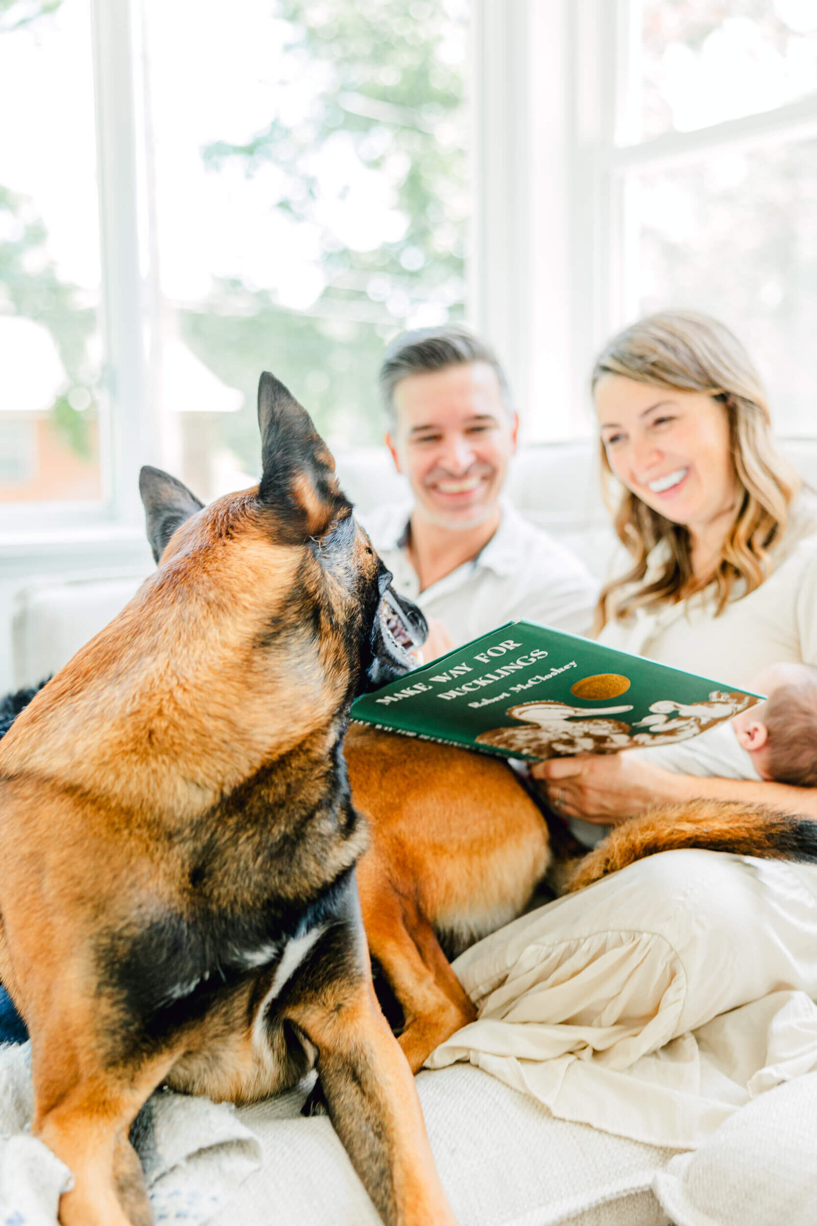 Mom and dad laugh at their dog, who is checking out the kid's book that Mom is reading to the newborn