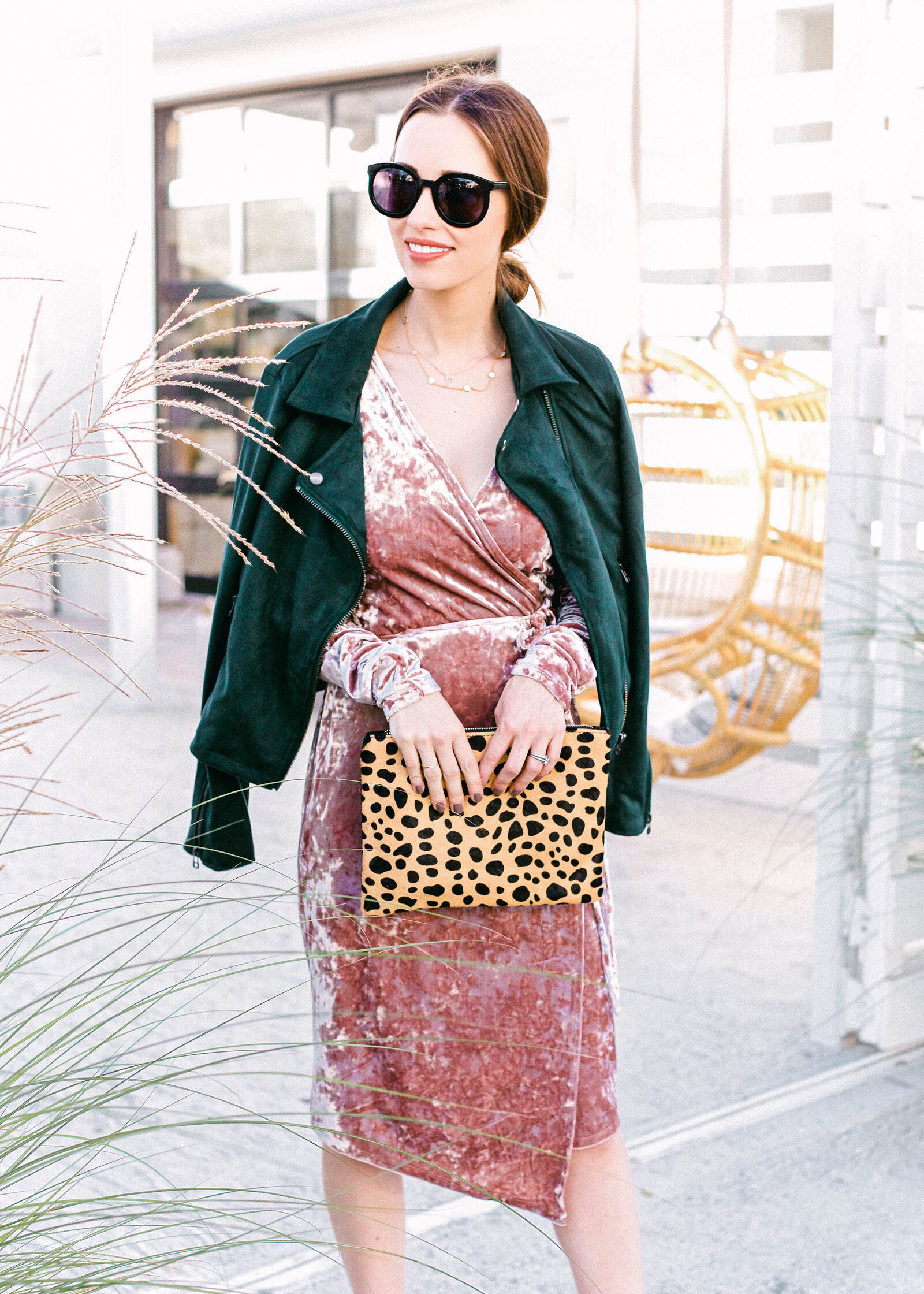 Fashion Blogger M Loves M in Newport Beach at Lido Village by commercial fashion photographer Chelsea Loren. Pink velvet dress for chic classic fall outfit.