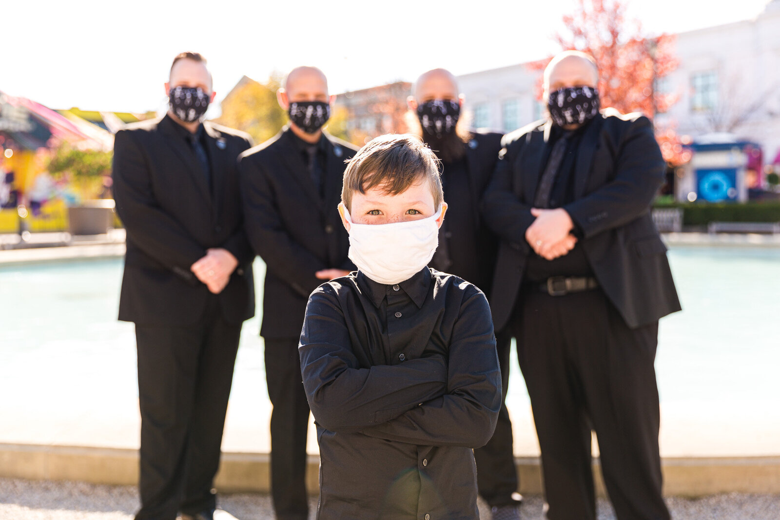 covid masks on groomsmen and ring bearer for portrait ohio
