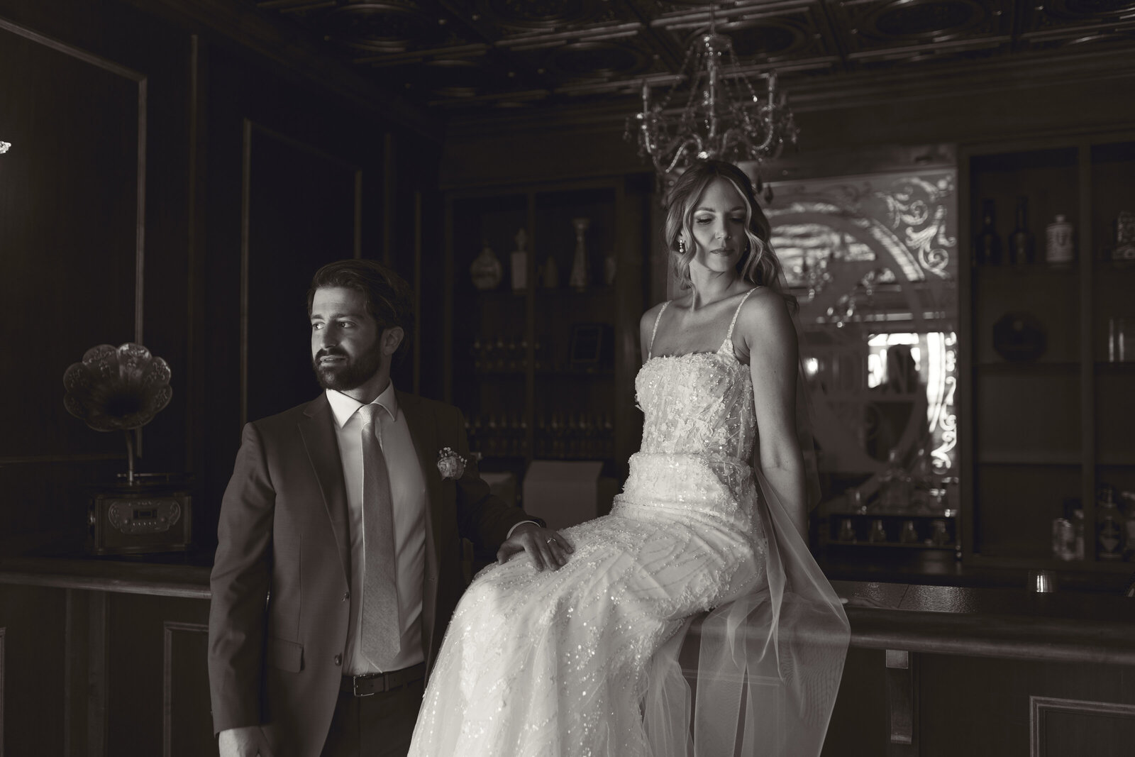 Documentary style couples portrait at Knotting Hills bar room St. Louis Wedding