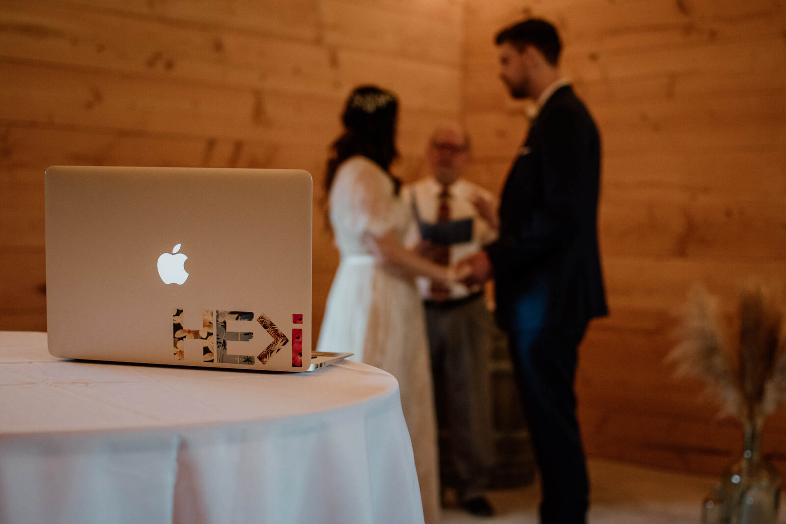 Bride and Groom getting married with family watching online.