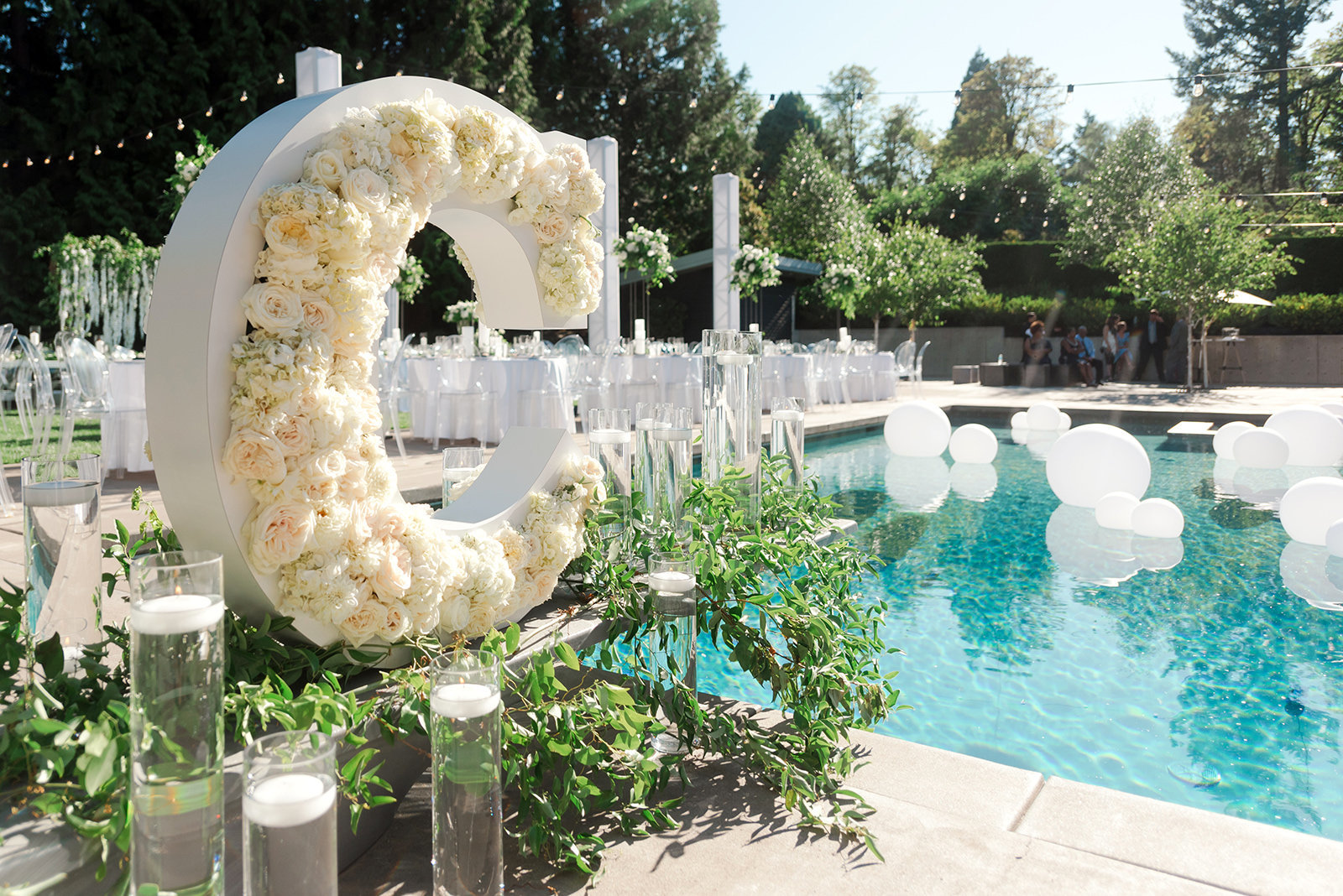All white wedding set around a pool