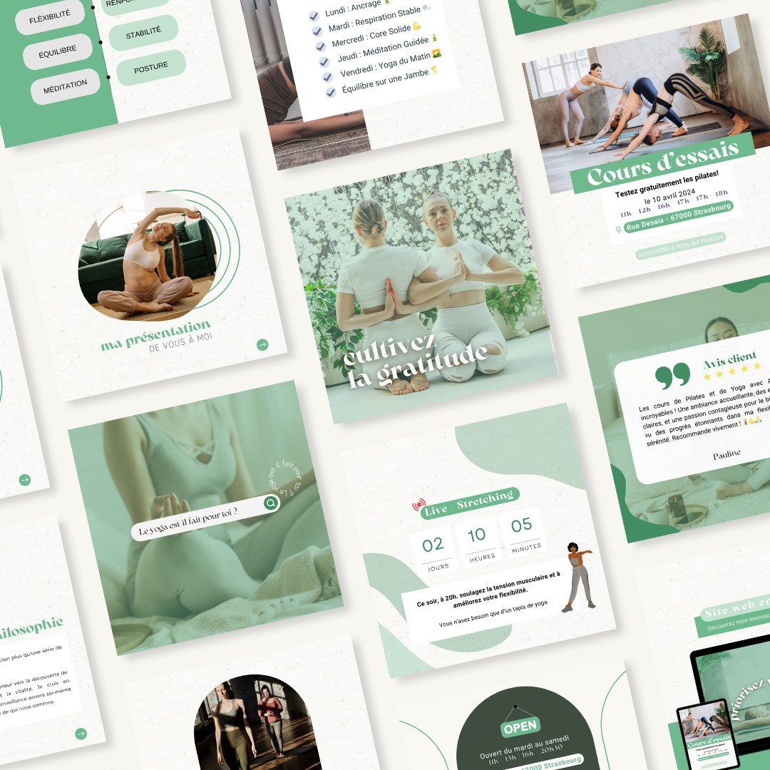 Visuels de communication pour les réseaux sociaux dans le thème du yoga.