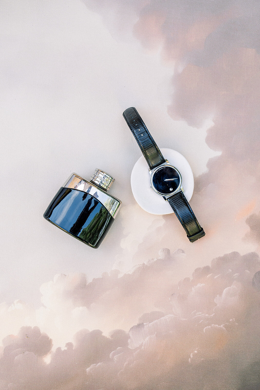 An elegant display of the groom’s luxury watch and accessories, adding a touch of sophistication to the Filoli wedding in Woodside, California.