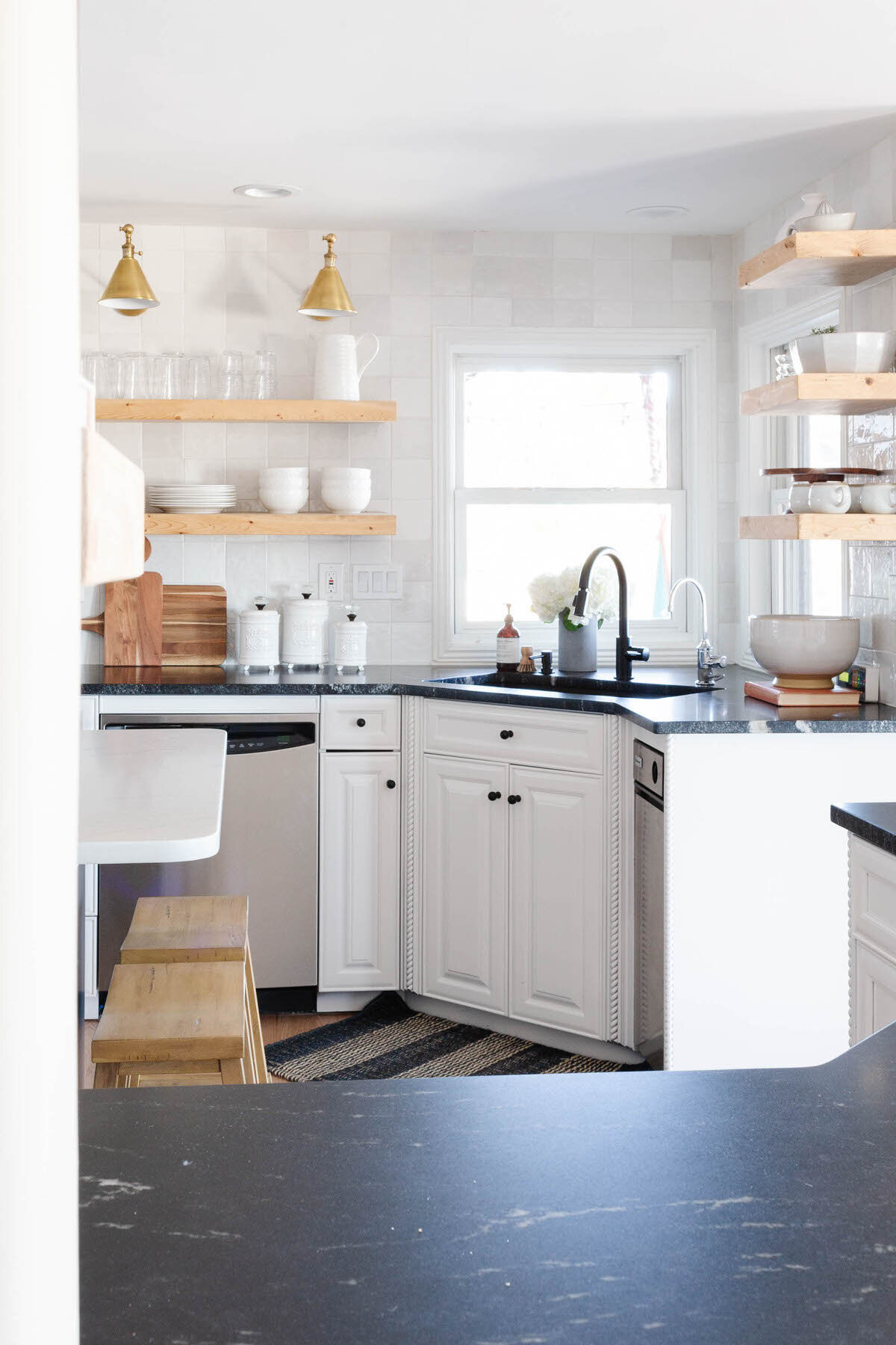 Modern Farmhouse Charming Cottage Warm White Kitchen with open shelves by Peggy Haddad Interiors37