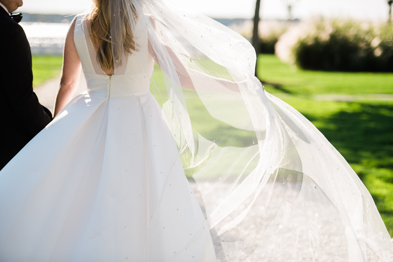 bride and wind blown veil from behind