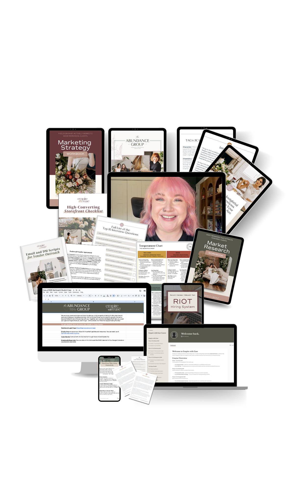 Mockup graphic of all the amazing resources that are included with the Empire with Ease course