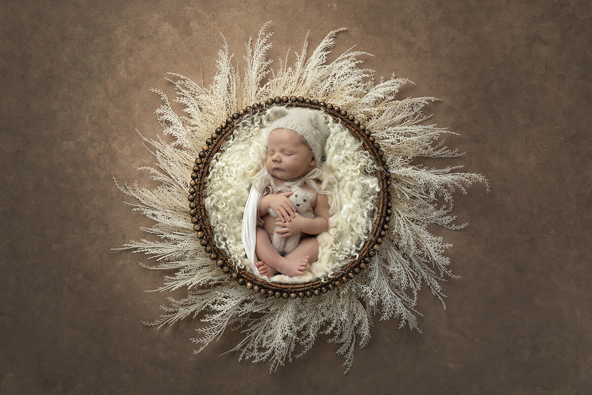 Newborn by in basket with pampas.