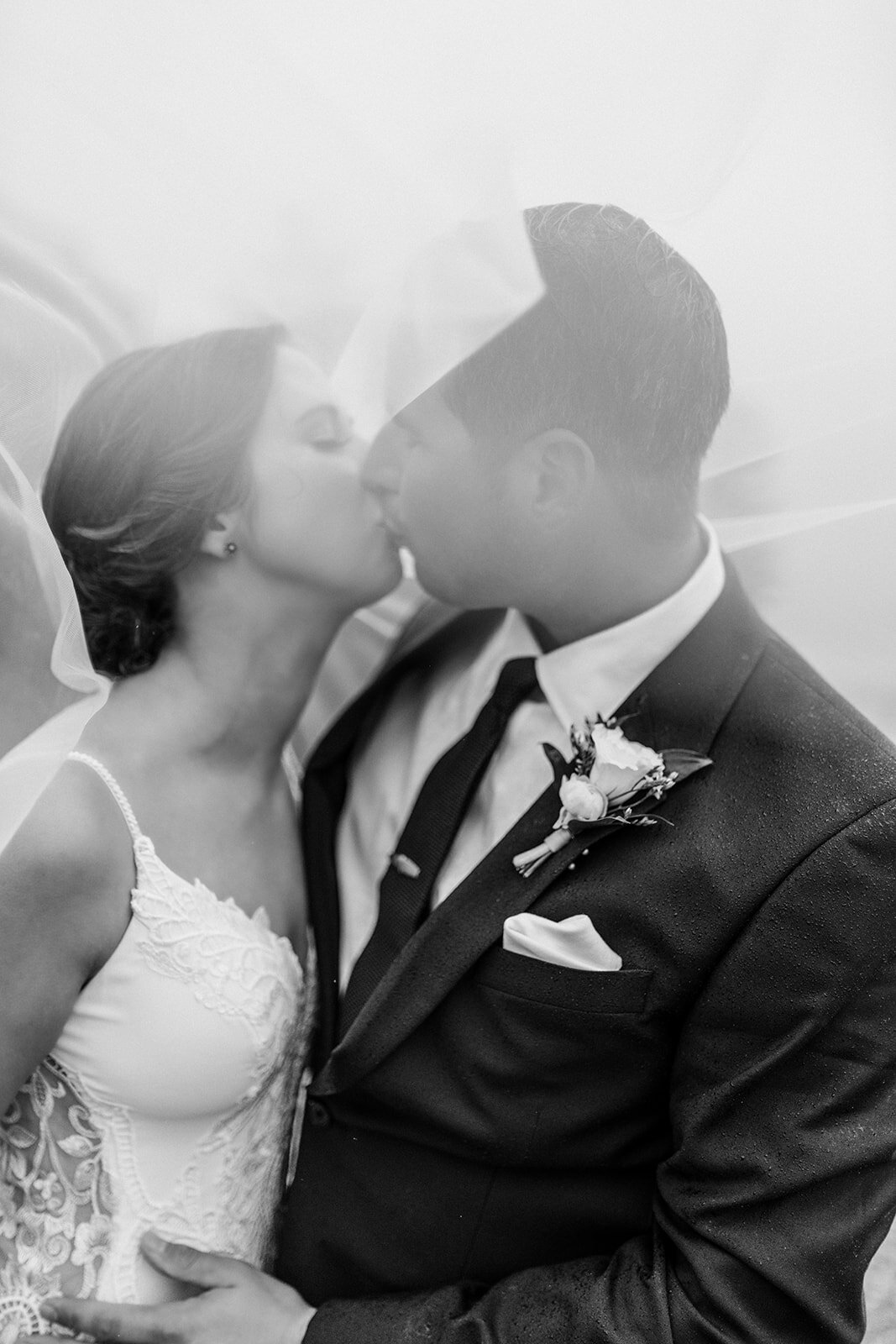 Bride and groom kissing under veil at Lorimar Vineyards wedding in Temecula, CA