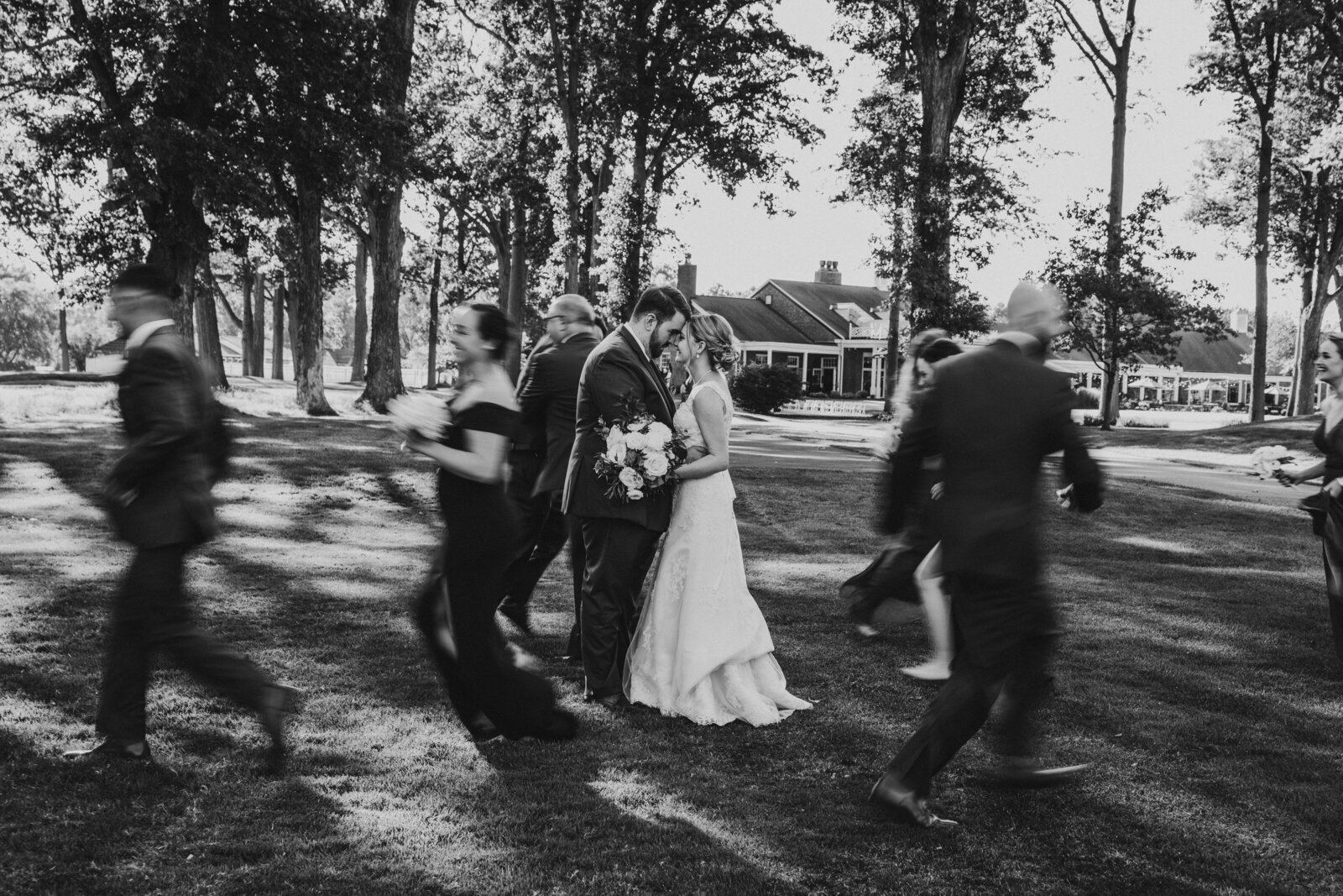 Bridal Party black and white photo with motion blur.
