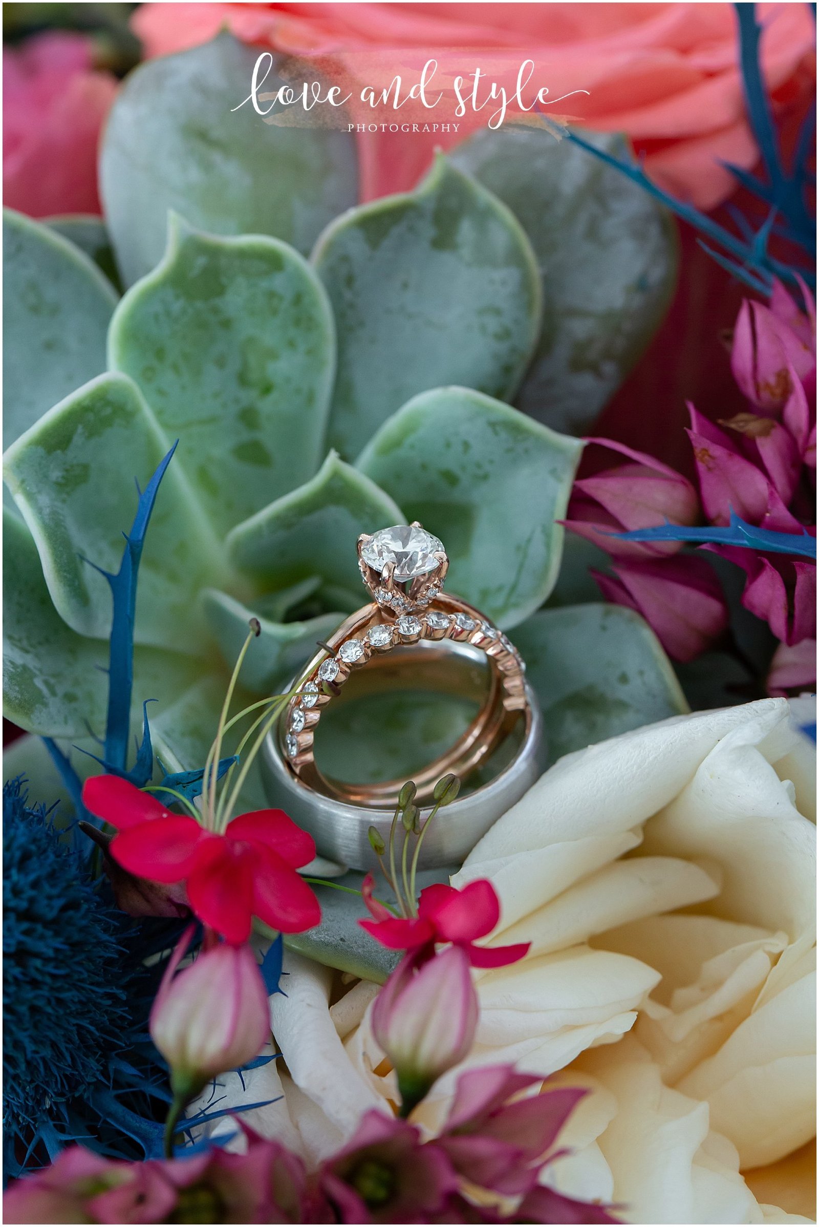detail shot of wedding rings in a beautiful bouquet