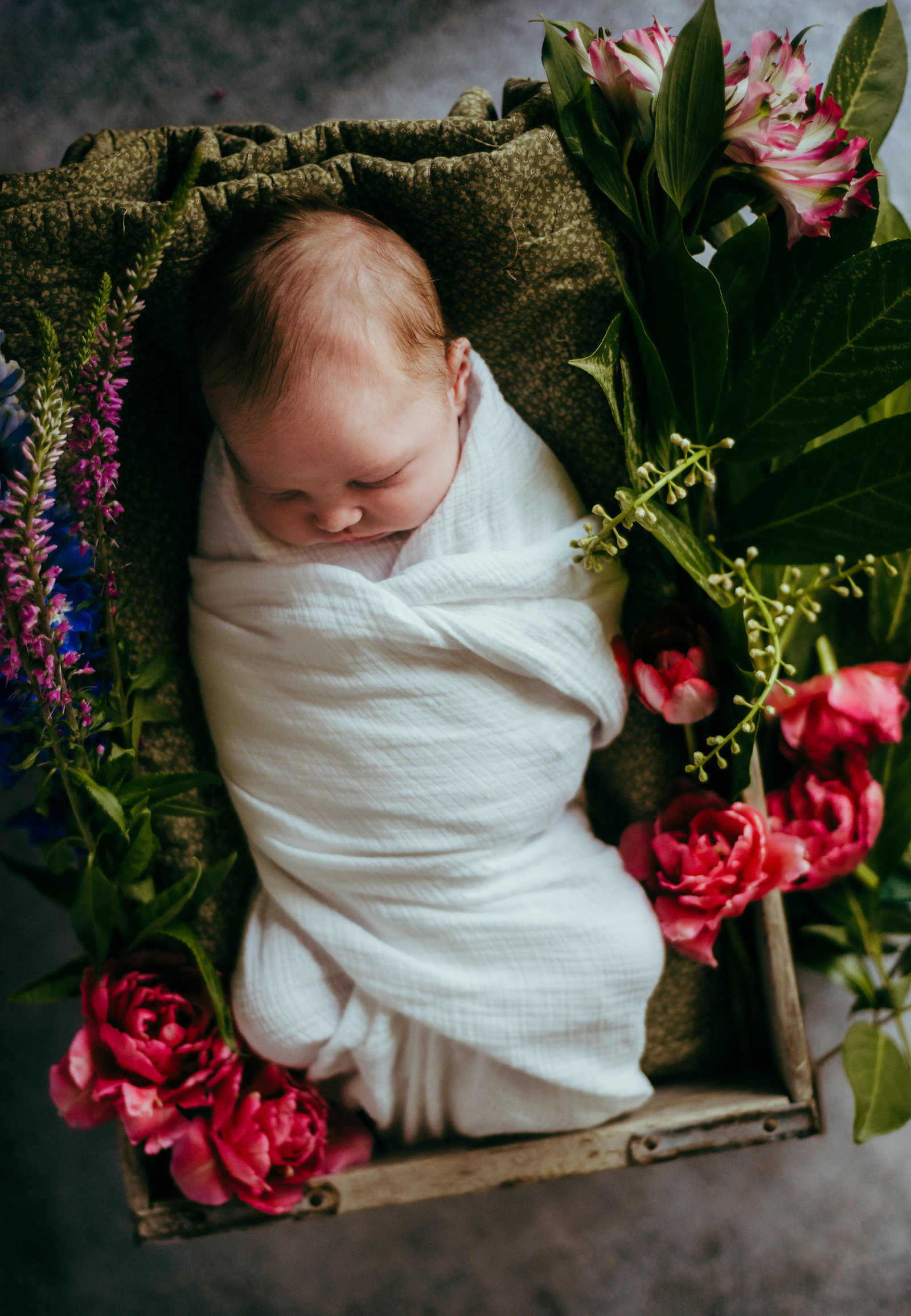 Newborn swaddled in a box surrounded by flowers