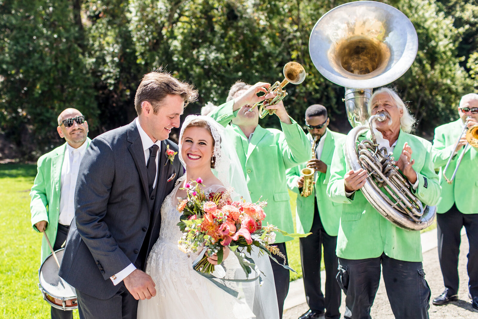 fun wedding photography with full brass band