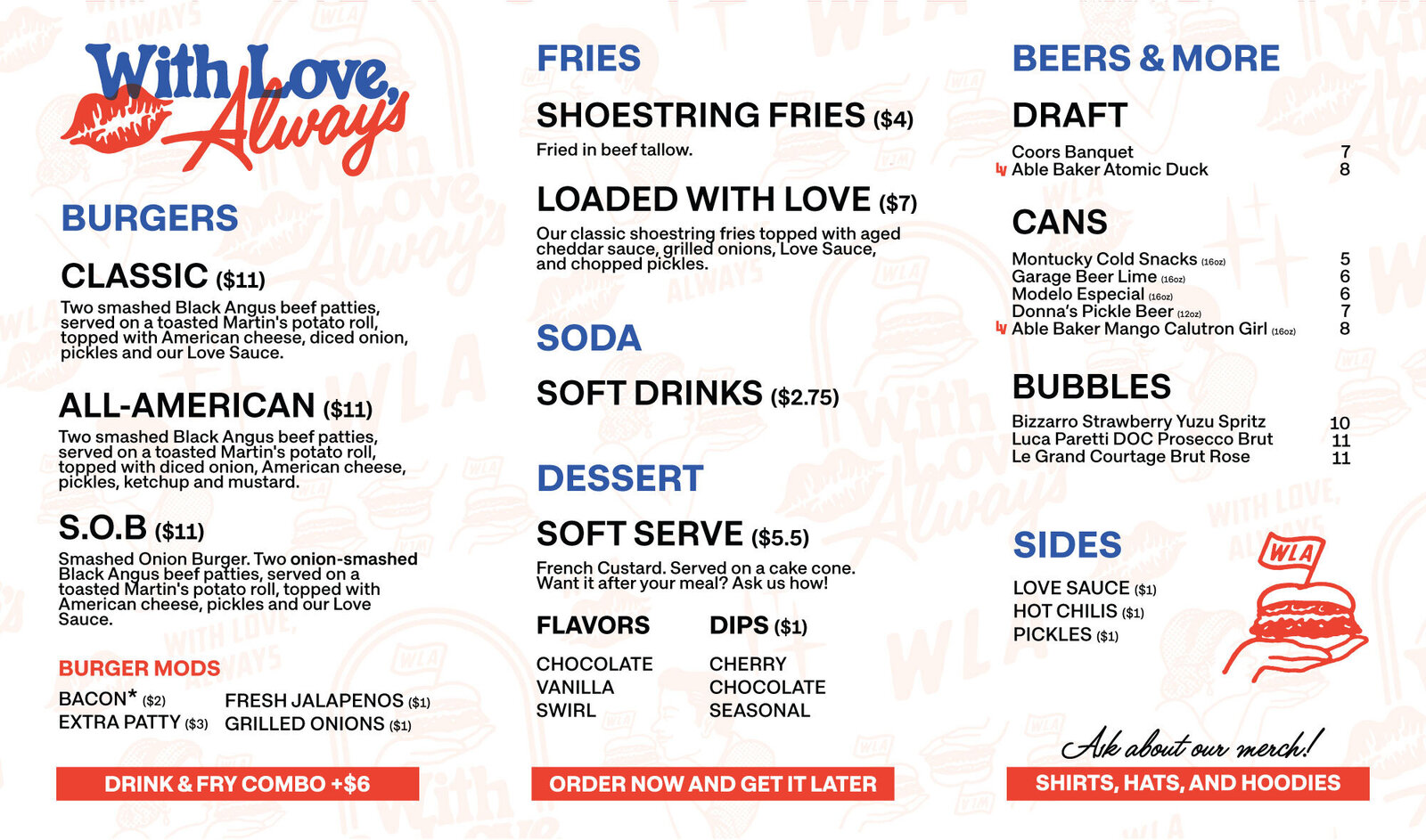 Full menu from With Love, Always featuring smashburgers, beef tallow fries, soft serve, craft beer, and sides available in Las Vegas

