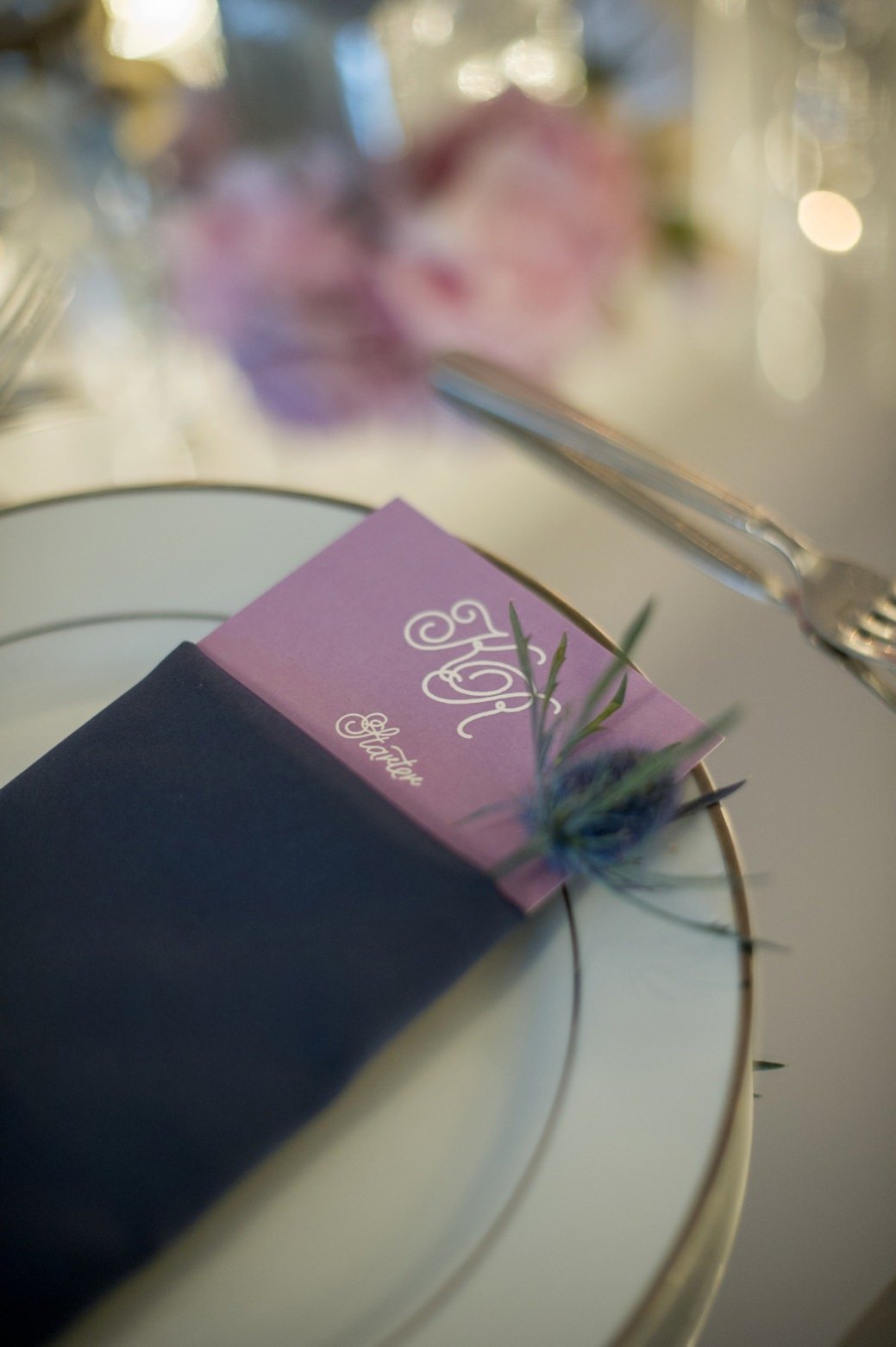 Modern tablescape in purple, blush and navy at Belle Mer in Newport, RI