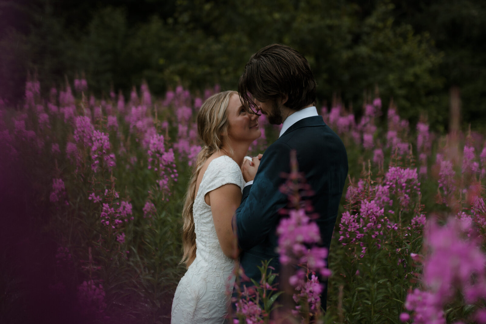 bride and groom in fireweed seward alaska