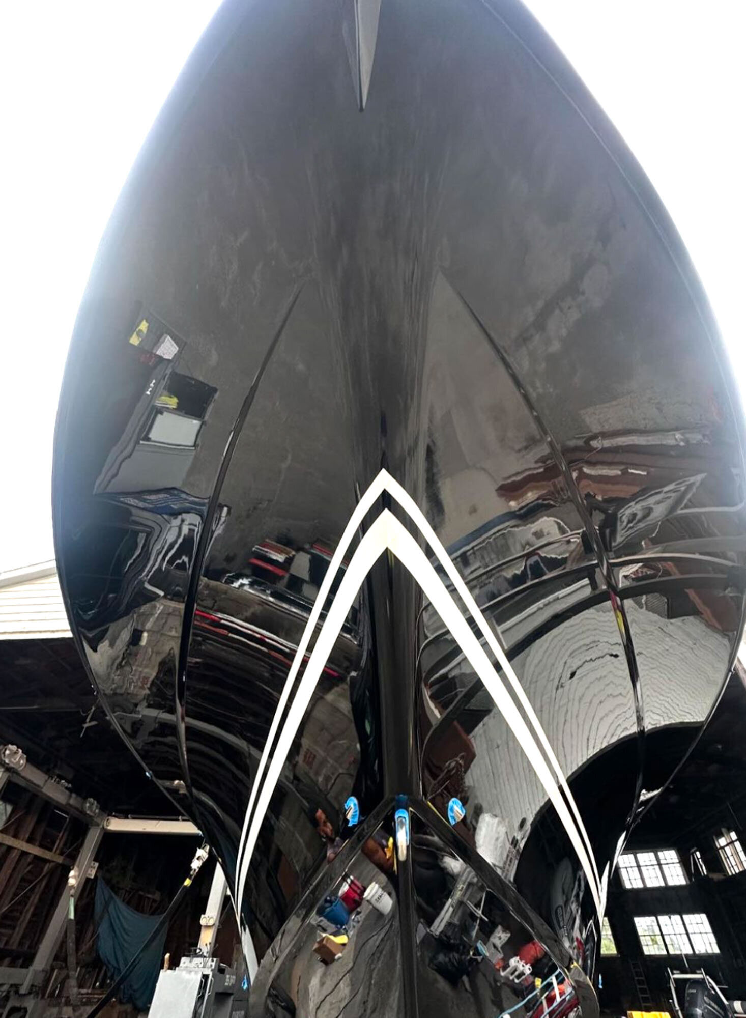 Front view of a yacht with polished bow