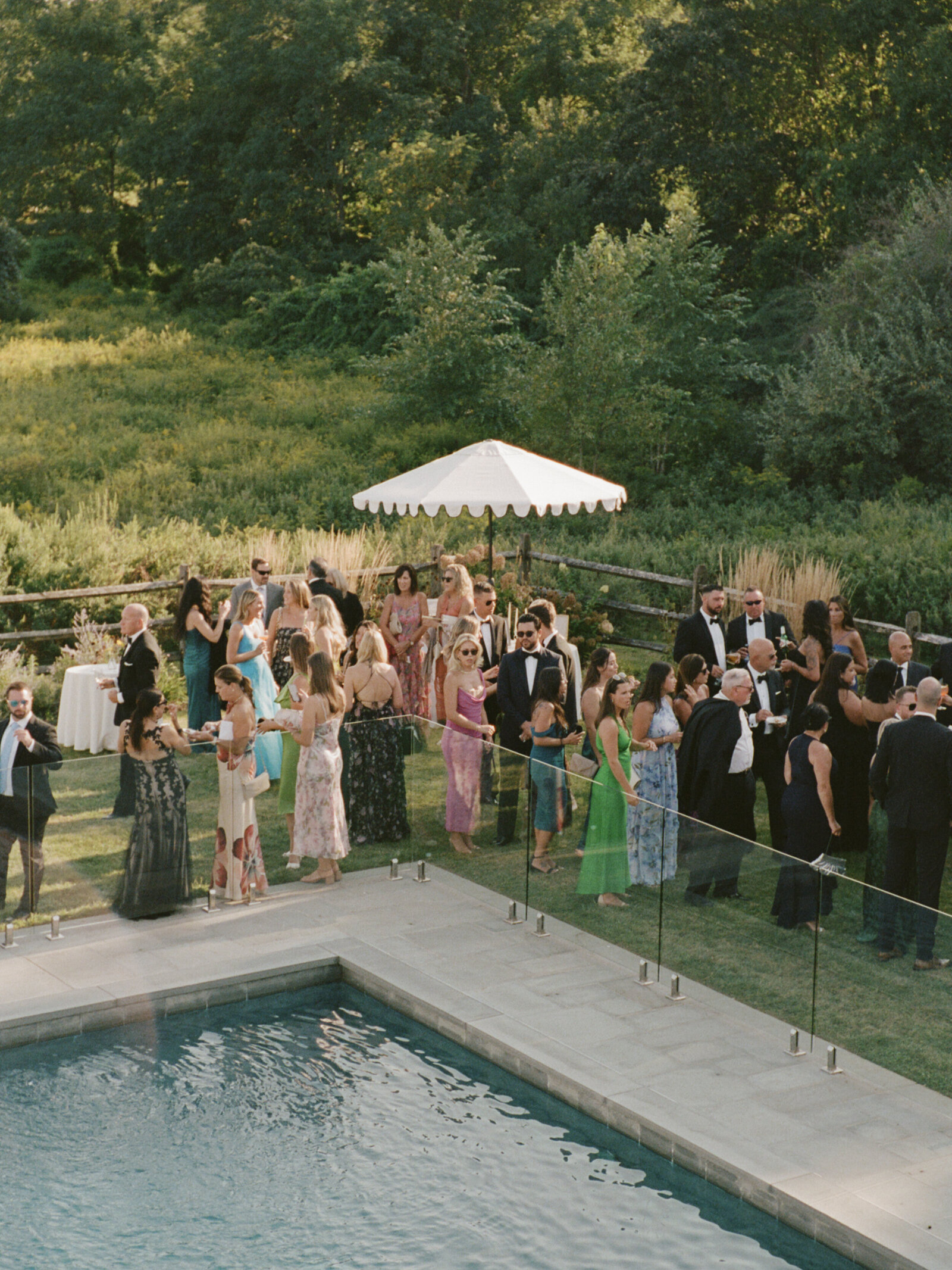 Guests mingling at poolside wedding cocktail hour with garden background during golden hour