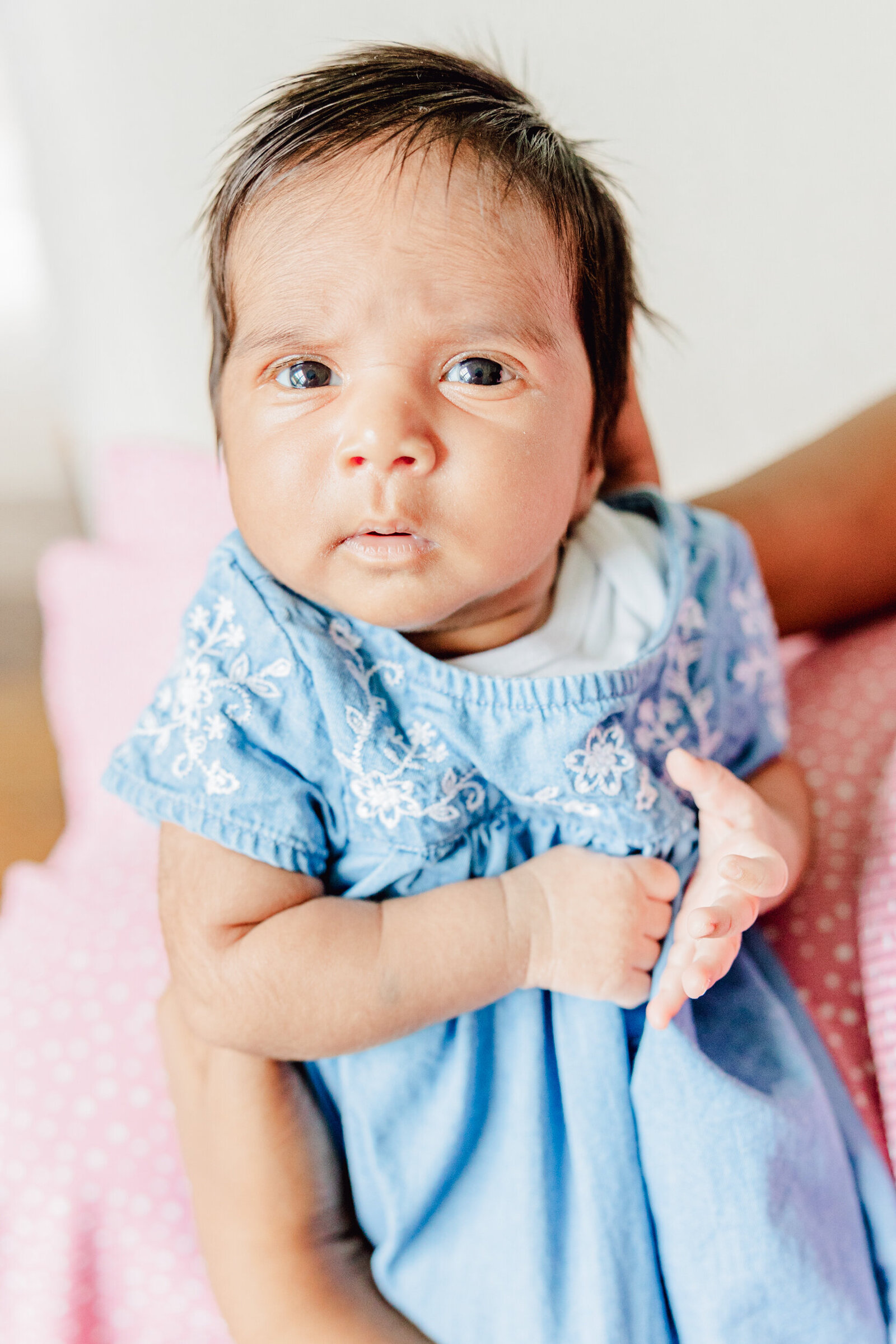 Newborn baby girl awake with a curious expression