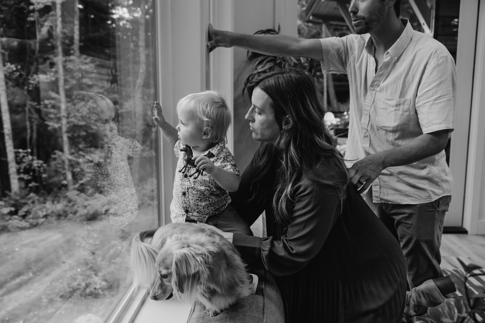 Family looks out the window together