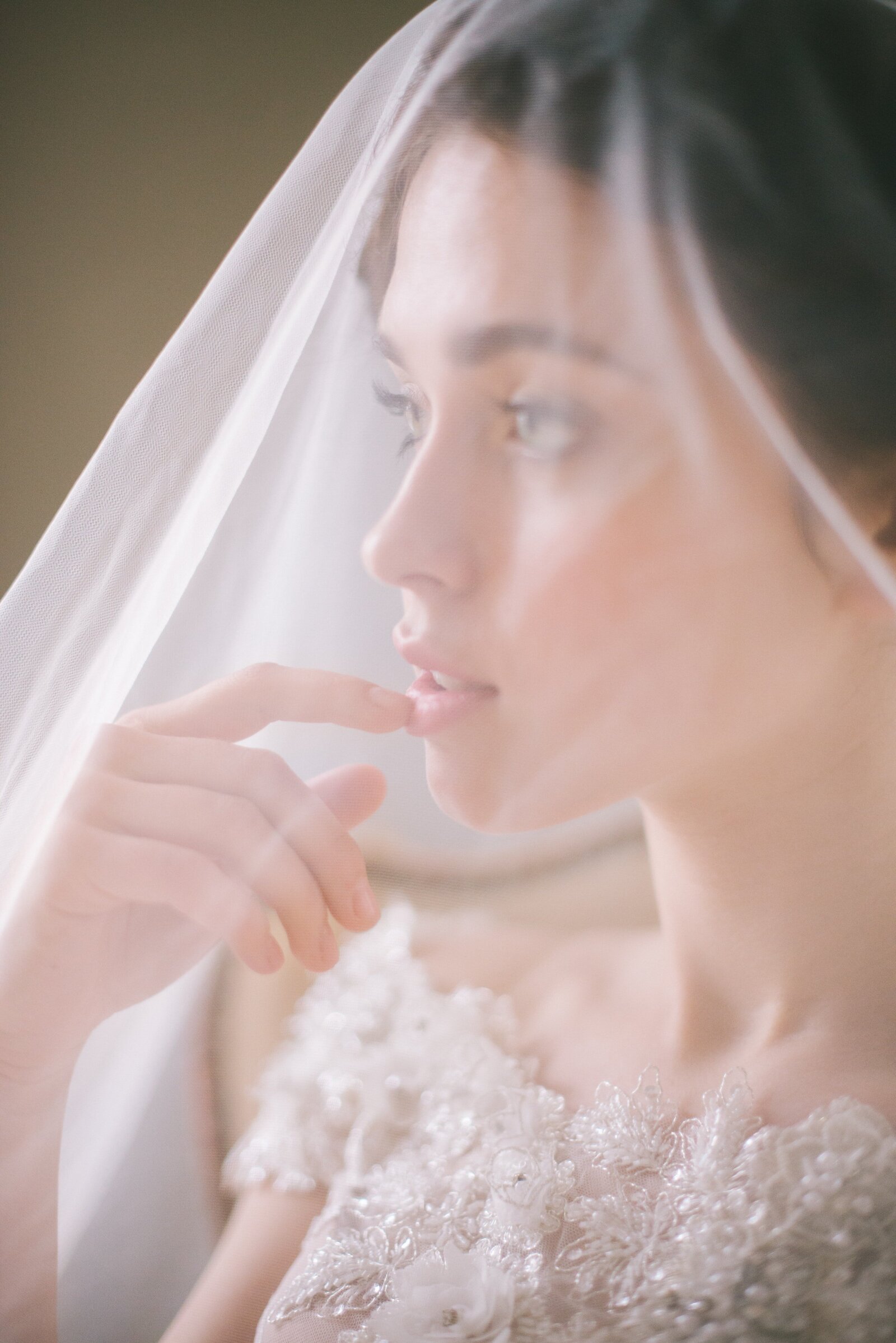 bride posing with veil over face