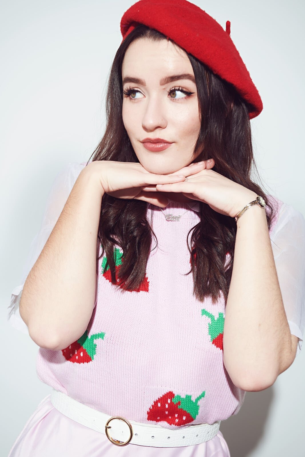 Artistic Portrait of a Woman in Red Beret With Strawberry Sweater-126